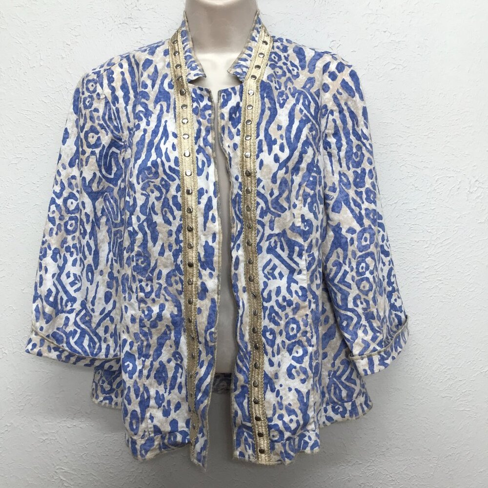 Chicos Jacket Size 2 Blue Beige Animal Print Linen Blend Open Front 3/4 Sleeve L